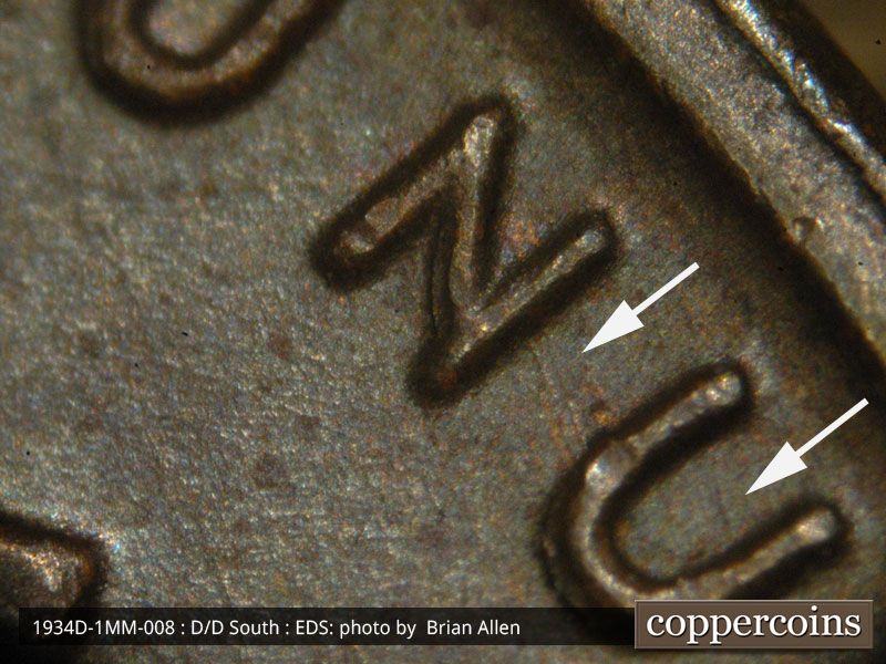 Die-stage A marker on 1934D•1MM•008 (1934 Repunched Mint Mark).