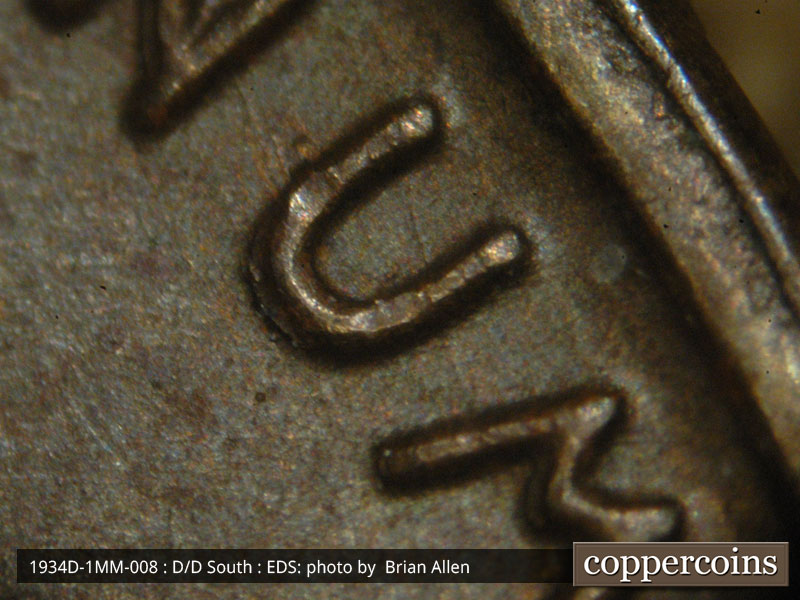 Die-stage A marker on 1934D•1MM•008 (1934 Repunched Mint Mark).