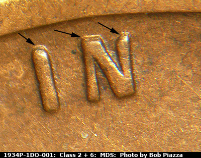 Die-stage B marker on 1934P•1DO•001 (1934 Doubled Die Obverse).