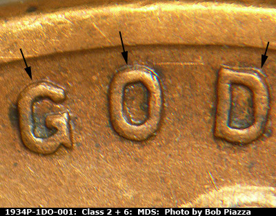 Die-stage B marker on 1934P•1DO•001 (1934 Doubled Die Obverse).