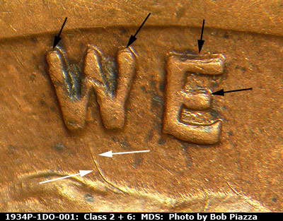 Die-stage B marker on 1934P•1DO•001 (1934 Doubled Die Obverse).