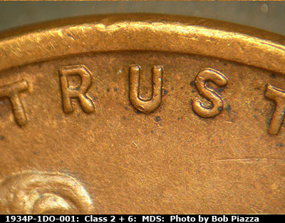 Die-stage B marker on 1934P•1DO•001 (1934 Doubled Die Obverse).
