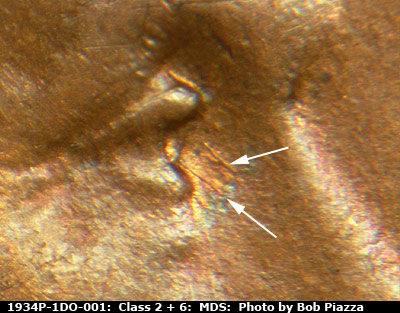 Die-stage B marker on 1934P•1DO•001 (1934 Doubled Die Obverse).