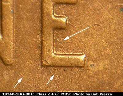 Die-stage B marker on 1934P•1DO•001 (1934 Doubled Die Obverse).