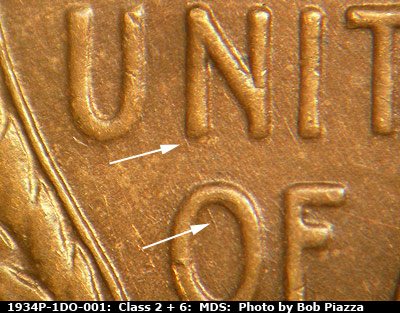 Die-stage B marker on 1934P•1DO•001 (1934 Doubled Die Obverse).