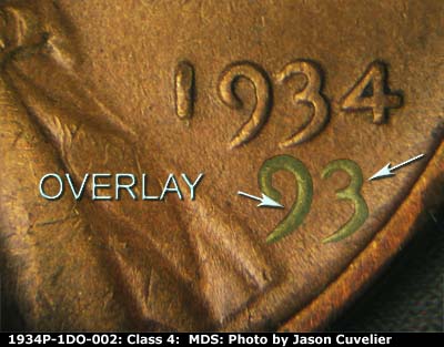 Die-stage B marker on 1934P•1DO•002 (1934 Doubled Die Obverse).