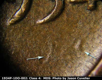 Die-stage B marker on 1934P•1DO•002 (1934 Doubled Die Obverse).