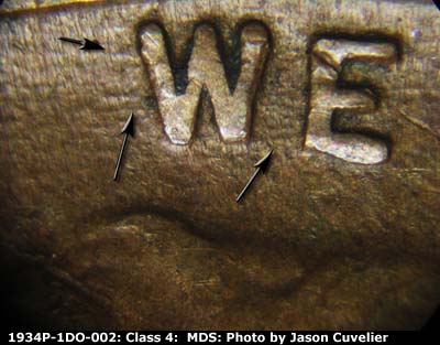 Die-stage B marker on 1934P•1DO•002 (1934 Doubled Die Obverse).