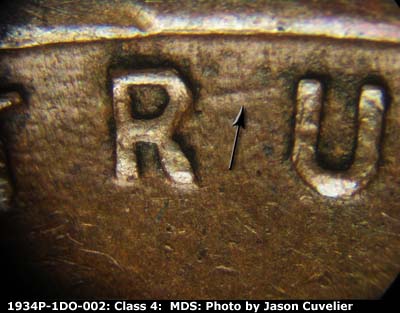 Die-stage B marker on 1934P•1DO•002 (1934 Doubled Die Obverse).