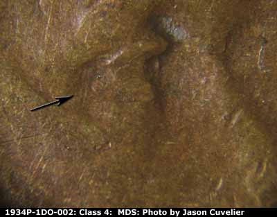 Die-stage B marker on 1934P•1DO•002 (1934 Doubled Die Obverse).