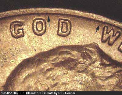 Die-stage C marker on 1934P•1DO•003 (1934 Doubled Die Obverse).