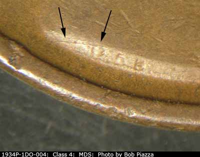 Die-stage B marker on 1934P•1DO•004 (1934 Doubled Die Obverse).