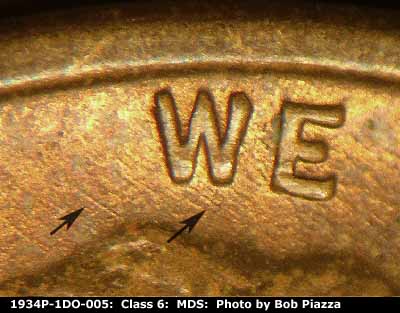 Die-stage B marker on 1934P•1DO•005 (1934 Doubled Die Obverse).