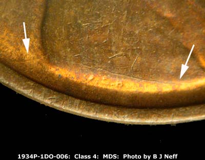 Die-stage B marker on 1934P•1DO•006 (1934 Doubled Die Obverse).