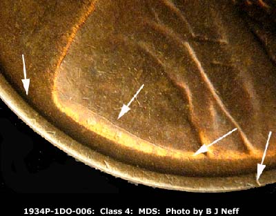Die-stage B marker on 1934P•1DO•006 (1934 Doubled Die Obverse).