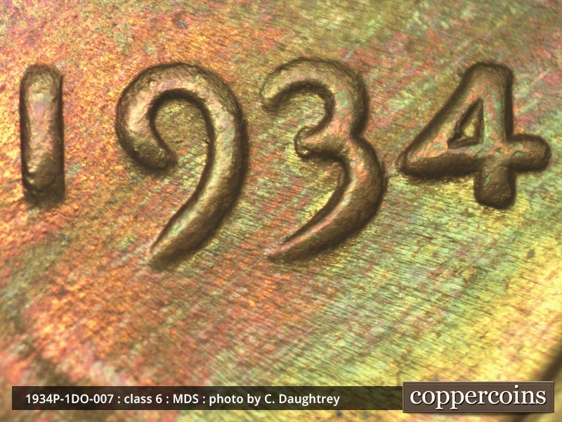 1934 Lincoln cent obverse, CopperCoins die 1934P•1DO•007.