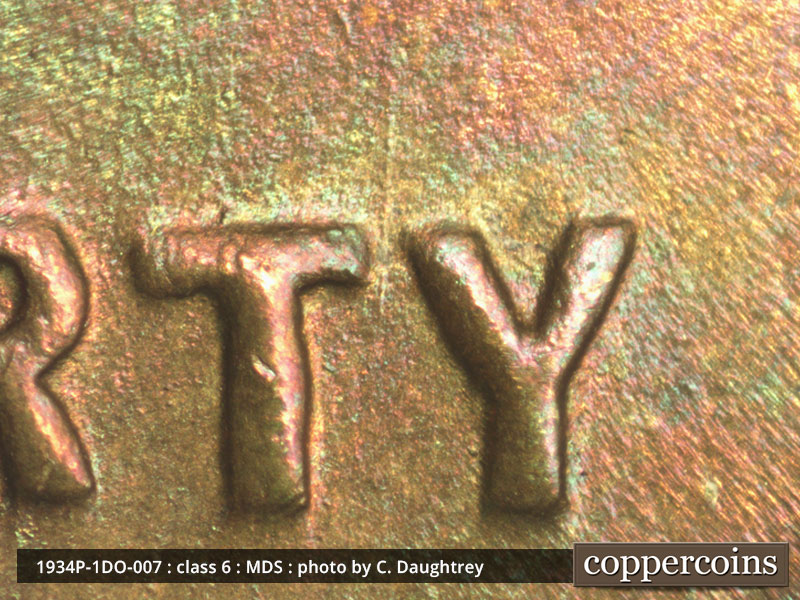 Die-stage B marker on 1934P•1DO•007 (1934 Doubled Die Obverse).