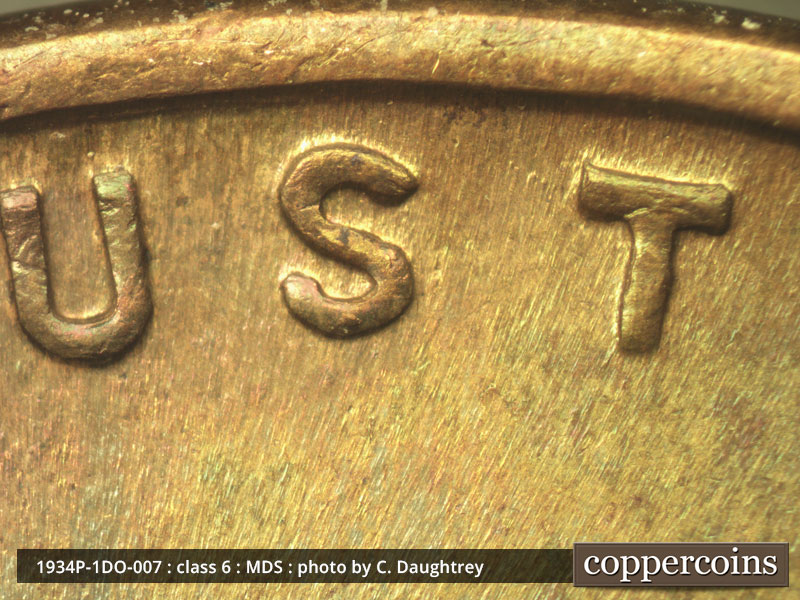 Die-stage B marker on 1934P•1DO•007 (1934 Doubled Die Obverse).