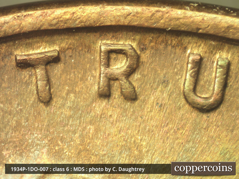 Die-stage B marker on 1934P•1DO•007 (1934 Doubled Die Obverse).