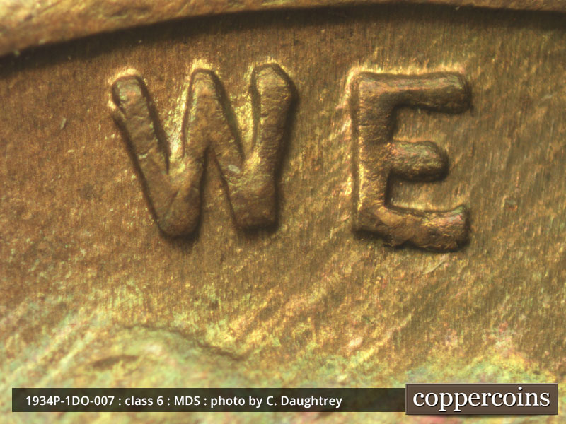 Die-stage B marker on 1934P•1DO•007 (1934 Doubled Die Obverse).