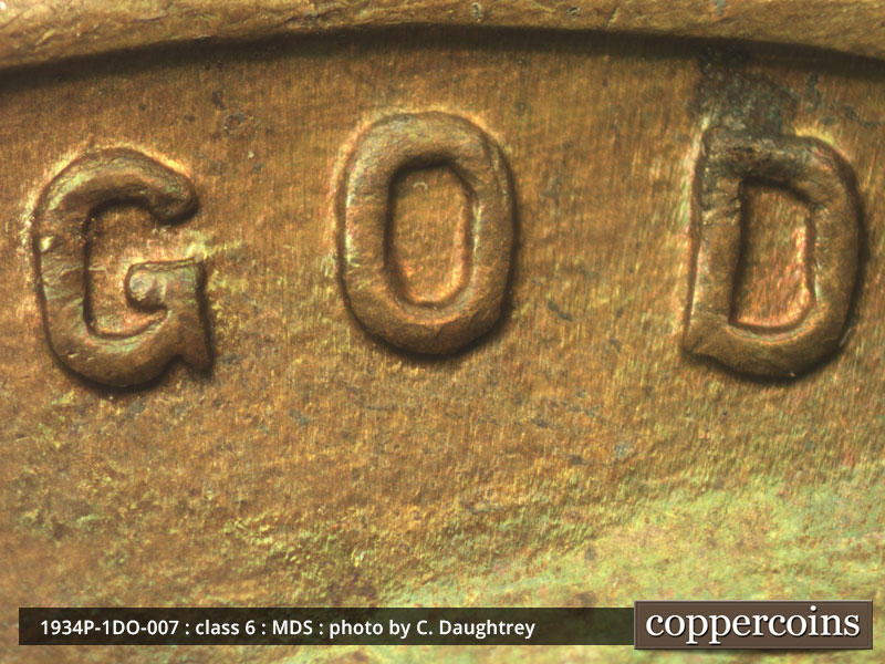 Die-stage B marker on 1934P•1DO•007 (1934 Doubled Die Obverse).
