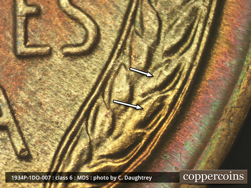 Die-stage B marker on 1934P•1DO•007 (1934 Doubled Die Obverse).