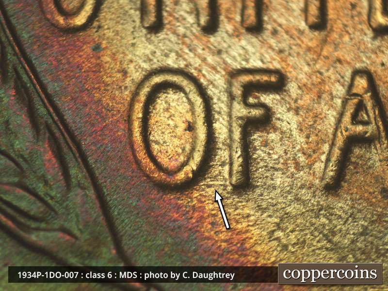 Die-stage B marker on 1934P•1DO•007 (1934 Doubled Die Obverse).