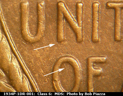Die-stage B marker on 1934P•1DR•001 (1934 Doubled Die Reverse).