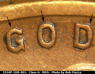 Die-stage B marker on 1934P•1DR•001 (1934 Doubled Die Reverse).