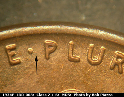 Die-stage B marker on 1934P•1DR•003 (1934 Doubled Die Reverse).