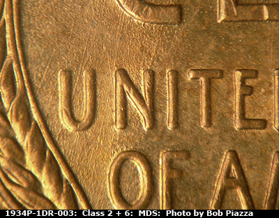 Die-stage B marker on 1934P•1DR•003 (1934 Doubled Die Reverse).