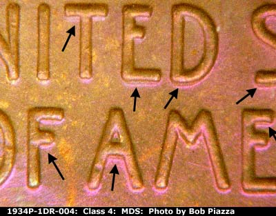 Die-stage B marker on 1934P•1DR•004 (1934 Doubled Die Reverse).
