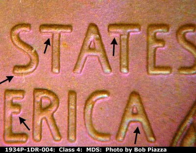 Die-stage B marker on 1934P•1DR•004 (1934 Doubled Die Reverse).