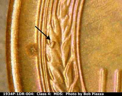 Die-stage B marker on 1934P•1DR•004 (1934 Doubled Die Reverse).