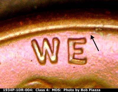 Die-stage B marker on 1934P•1DR•004 (1934 Doubled Die Reverse).
