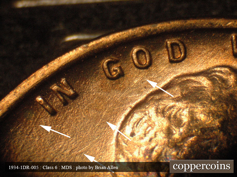 Die-stage B marker on 1934P•1DR•005 (1934 Doubled Die Reverse).