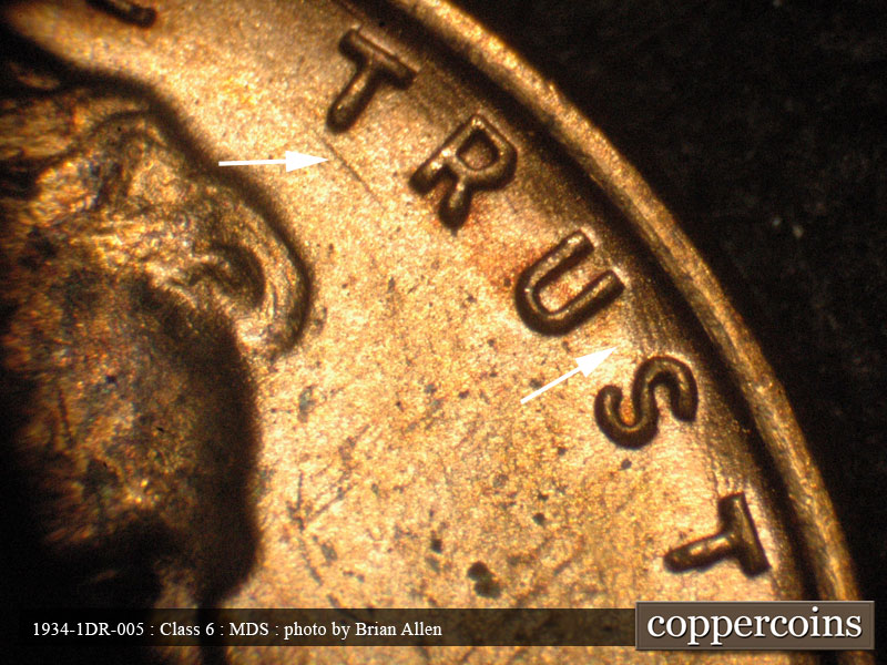 Die-stage B marker on 1934P•1DR•005 (1934 Doubled Die Reverse).