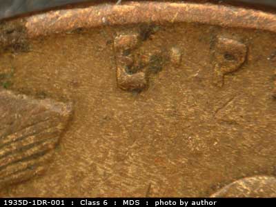 1935 Lincoln cent obverse, CopperCoins die 1935D•1DR•001.
