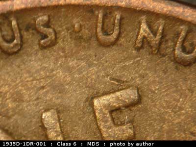 Die-stage B marker on 1935D•1DR•001 (1935 Doubled Die Reverse).