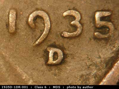 Die-stage B marker on 1935D•1DR•001 (1935 Doubled Die Reverse).
