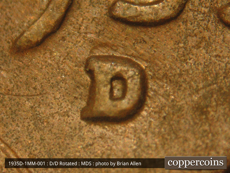 1935 Lincoln cent obverse, CopperCoins die 1935D•1MM•001.