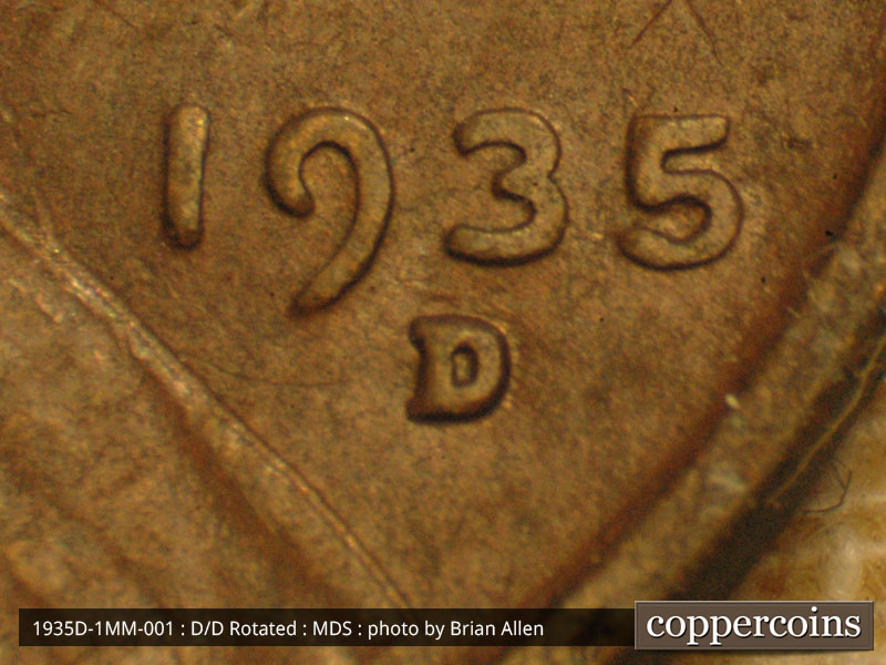 Die-stage B marker on 1935D•1MM•001 (1935 Repunched Mint Mark).