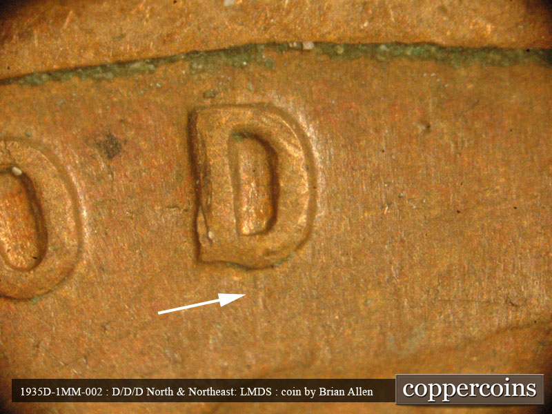 Die-stage B marker on 1935D•1MM•002 (1935 Repunched Mint Mark).