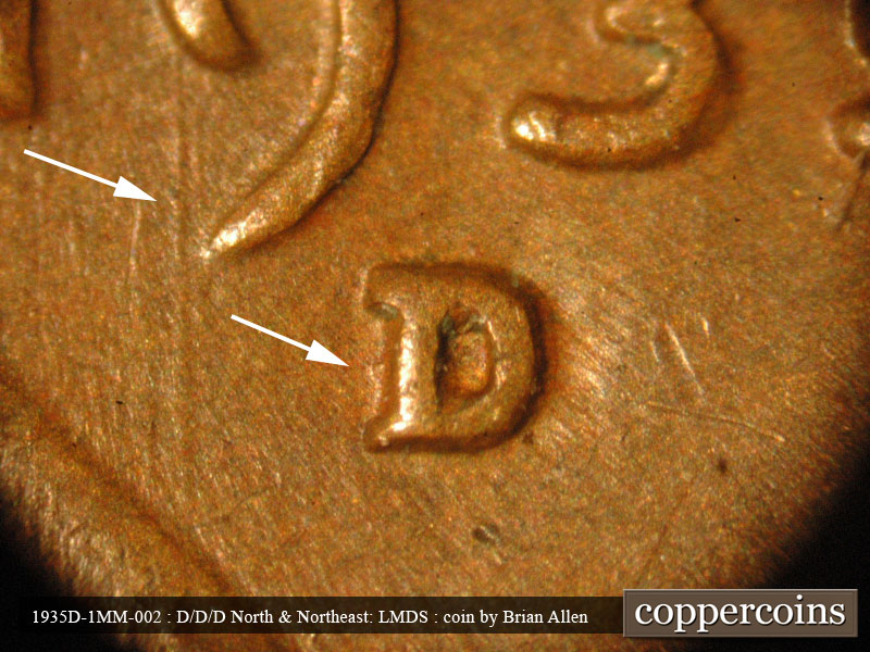 Die-stage B marker on 1935D•1MM•002 (1935 Repunched Mint Mark).