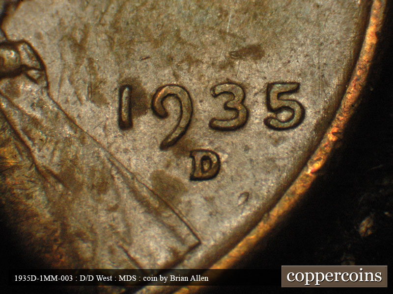 Die-stage B marker on 1935D•1MM•003 (1935 Repunched Mint Mark).