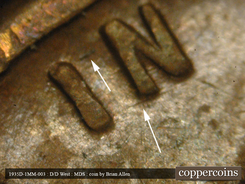 Die-stage B marker on 1935D•1MM•003 (1935 Repunched Mint Mark).
