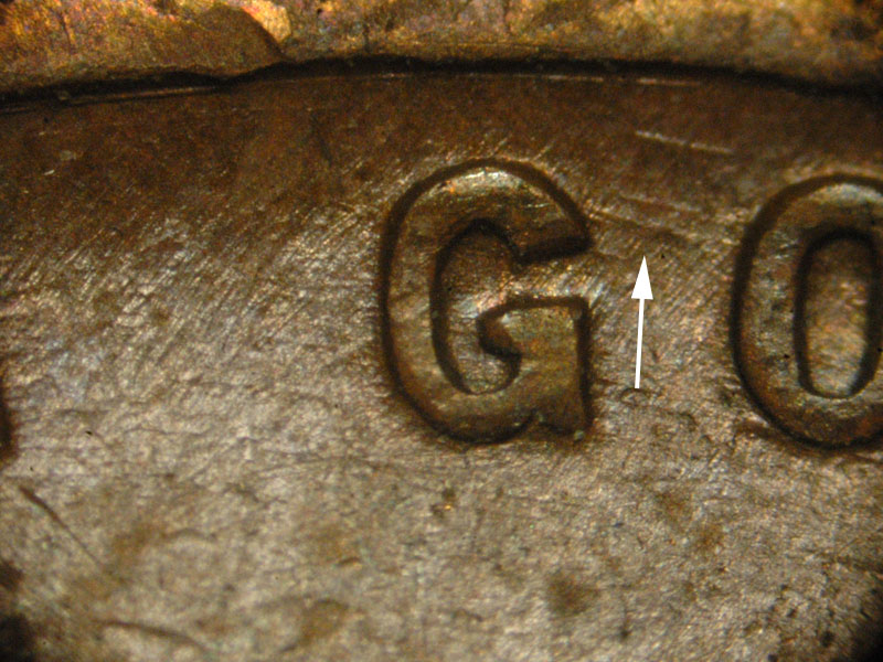 Die-stage B marker on 1935D•1MM•003 (1935 Repunched Mint Mark).