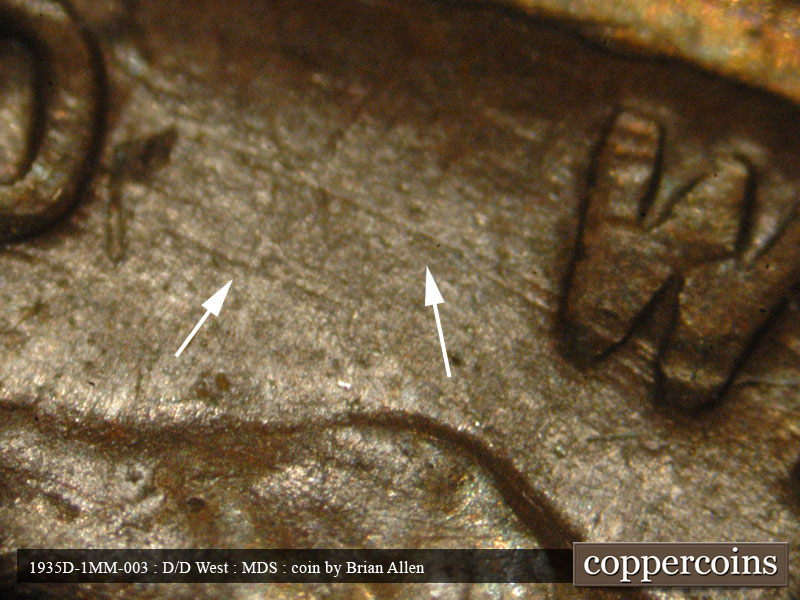 Die-stage B marker on 1935D•1MM•003 (1935 Repunched Mint Mark).