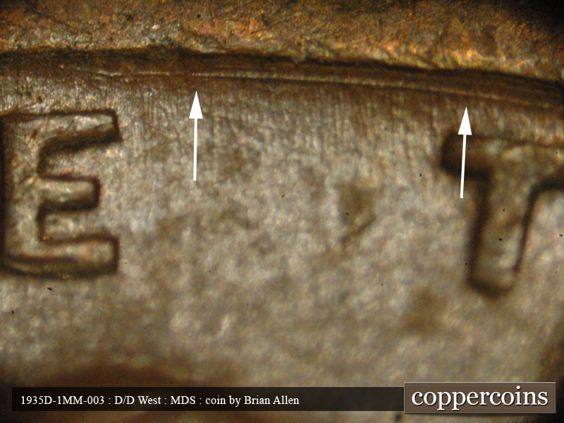 Die-stage B marker on 1935D•1MM•003 (1935 Repunched Mint Mark).