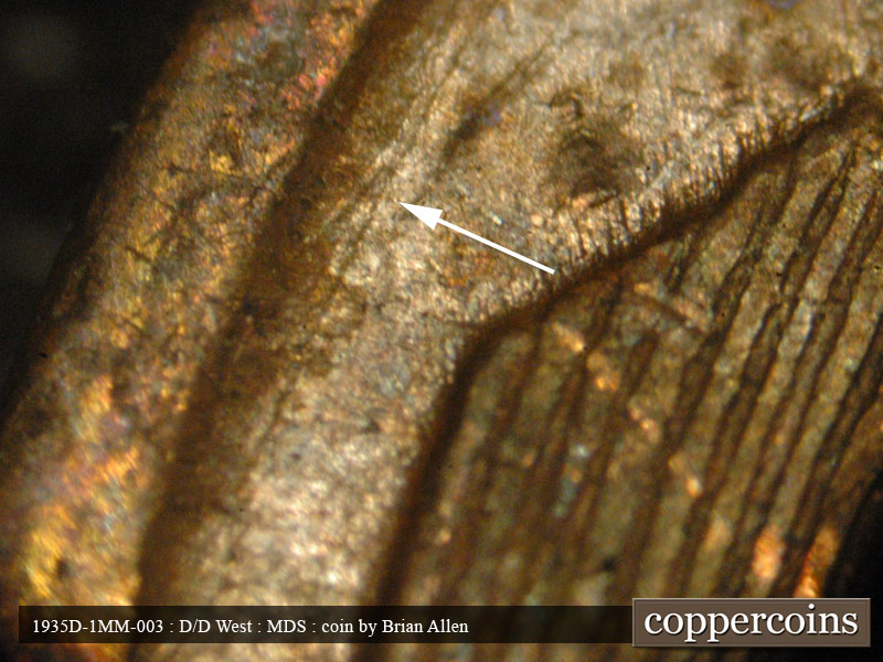 Die-stage B marker on 1935D•1MM•003 (1935 Repunched Mint Mark).